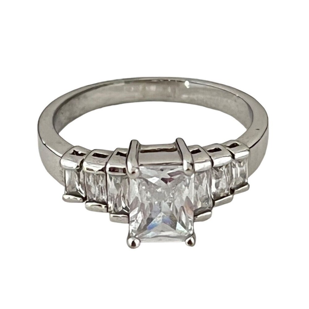 New Silver Tone Princess Cut CZ Ring Size 10 Wedding Engagement Style - 2T